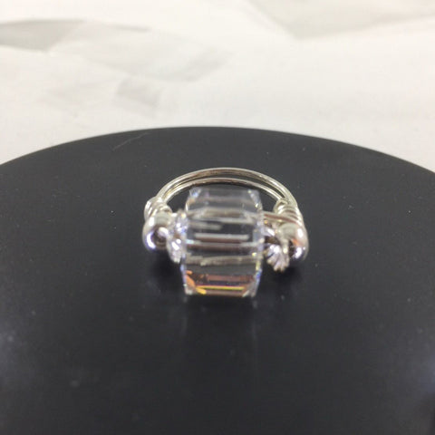 Ring, Sterling Wire Wrap, with Large Swarovski Crystal Cube.  Size 7