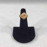Ring, Beaded Flower with Czech Beads, Yellow and Orange with Green Band.  Size 4