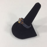 Ring, Beaded Topaz Swarovski Cube with 2 Swarovski Topaz bicone accents.  Purple Shimmer Glass Seed Bead Band. Size 11-1/2