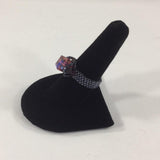 Ring, Beaded ring with a Rose Swarovski Cube and 2 Amethyst bicone accent beads.  Gray Shimmer Glass Seed Bead Band.  Size 9