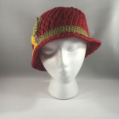 Cranberry Red with Green Band and Yellow Flower.  Acrylic Yarn.  Machine washable. Size Child/Adult Medium.