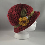 Crochet Hat, Cranberry Red with Green Band and Yellow Flower, Size Teen/Adult Medium