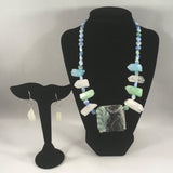 Beaded Necklace with Sea Glass and a Sea Glass Fish engraved pendant, Sterling.  Necklace 16".  Earrings included.