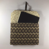 Tablet/IPad Case, Brown Pattern, Snap Closure, 2 Spare Pockets on Back.  Embroidered Flap.  Shoulder Strap.  Size H8" W10-6/8"