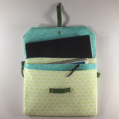 Tablet/IPad Case, Pale Green Pattern, Snap Closure, 2 Spare Pockets in Front Under Flap.  Embroidered Flap.  Shoulder Strap.  Size H8" W10-1/2"