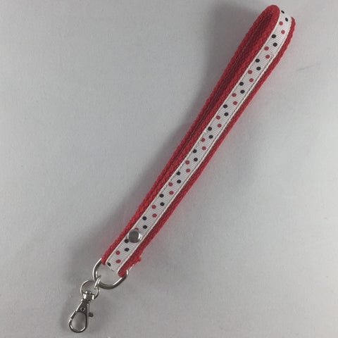 Wrist Strap Key Ring Holder, Red and Black Polka Dots.  Can wrap on wrist or hang on hook.