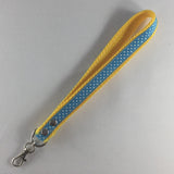 Wrist Strap Key Ring Holder, Yellow with Turquoise Background and White Polka Dots.  Can wrap on wrist or hang on hook.