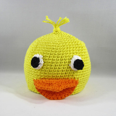 Crochet Hat.  Cotton yarn. Yellow Zoomigurumi Duck. Size Newborn to 6 mos.  Machine wash gentle cold.  Do not put in dryer.
