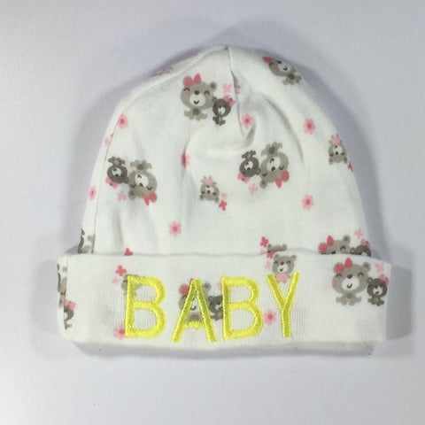 White Embroidered Hat with the word Baby Embroidered on front in Yellow Thread