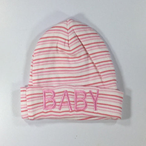 Striped Pink Embroidered Hat with the word Baby Embroidered on front