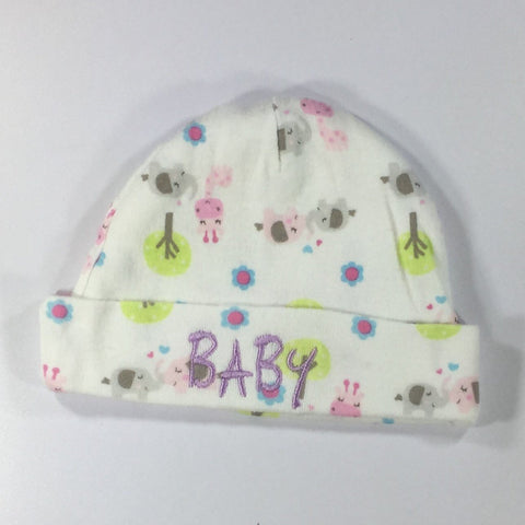 White Patterned Embroidered Hat with the word Baby Embroidered on front in Purple Thread