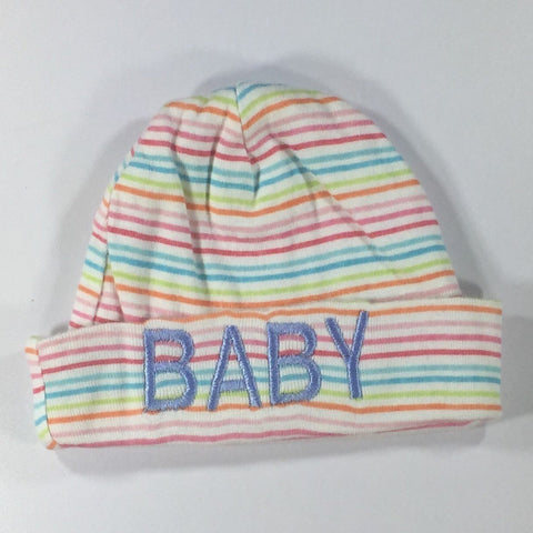 Pastel Striped Patterned Embroidered Hat with the word Baby Embroidered on front in Blue Thread