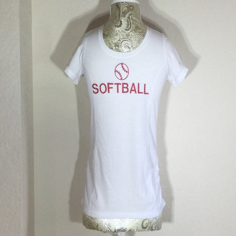 White Embroidered Child T-Shirt, with the word Softball across the front in capital letters. Size Large (10-12)