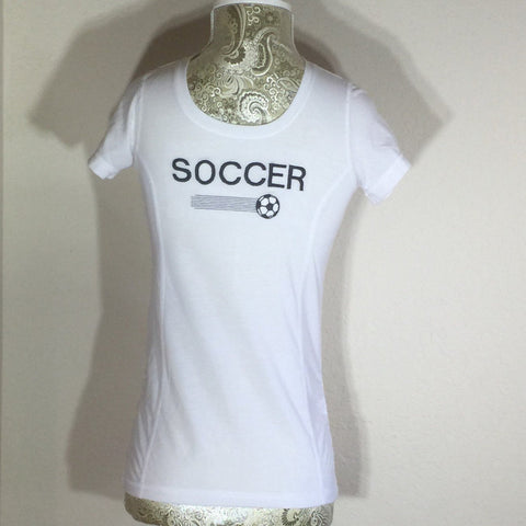 White Embroidered Child T-Shirt with the word Soccer across the front in capital letters. Size Large (10-12)