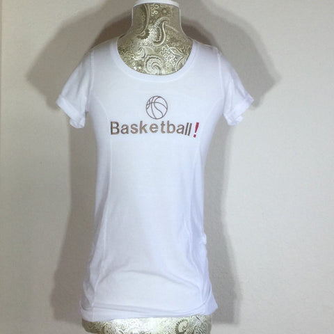 White Embroidered Child T-Shirt, with the word Basketball across the front in capital letters. Size Large (10-12)