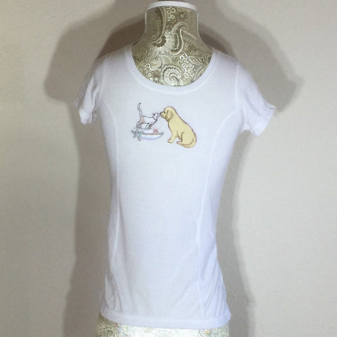 T-Shirt, Child's Embroidered T-Shirt, Doggy and Kitty, Child Size Medium (7-8)