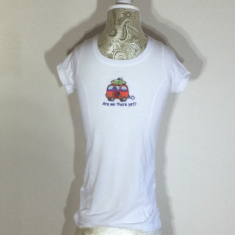 White Embroidered T-Shirt, Little Red Van with the words "Are We There Yet?". Child Size Medium (7-8)