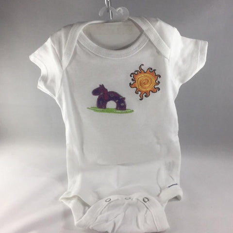 Baby Onsie for age 6-9mos.  Embroidered with a Purple Rocking Horse and the Sun