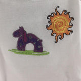 Baby Onsie for age 3-6mos.  Embroidered with a Purple Rocking Horse and the Sun
