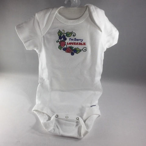 Baby Onsie for age 6-9mos.  Embroidered with Berries and the words "I'm Berry Loveable"