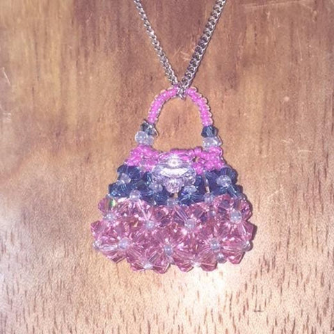 Hand Beaded Purse Pendant with Pink and Blue Swarovski Crystals.
