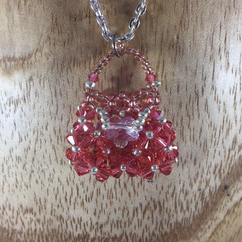 Hand Beaded Purse Pendant with Pink Swarovski Crystals.
