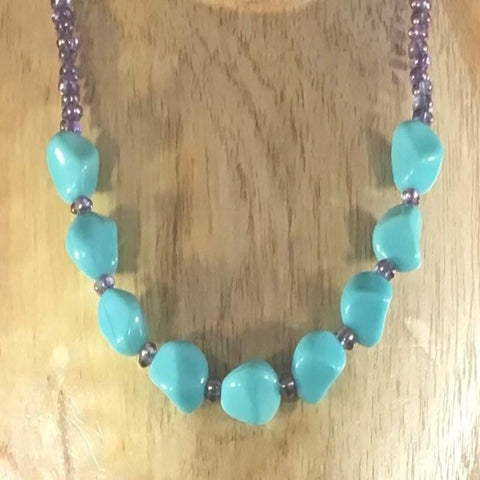 Strung, Amethyst Beads and Turquoise Nuggets, Sterling magnetic clasp.  Earrings included.  Necklace 18"