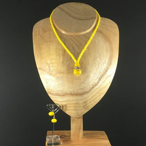 Necklace, Strung, Yellow Check Beads and Yellow Lampwork Focal, Sterling