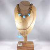 Choker Necklace with Brown/Gold and Blue Nugget Beads. Gold plated findings. Necklace 17".