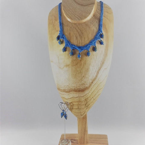 Hand Weave Necklace with Blue Glass Seed Beads and Glass Picasso Turquoise Drops.  Length 17".  Button clasp. Sterling earrings included.