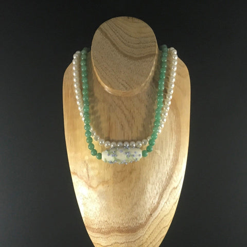 Necklace, 2 strand Strung Pearls and Amazonite Beads, Lampwork Bead Focal.   Sterling Magnetic Clasp.  Necklace 18"