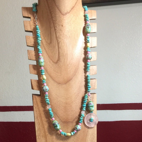 Beijing Spring. Bumpy porcelain yellow beads, Czech glass pink rounds, Rose Quartz, Southwestern Turquoise nuggets, hand painted porcelain beads. Sterling silver. Includes earrings.  Necklace 28" with a 3" drop.