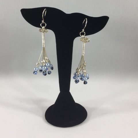 Pierced Wire Wrapped Chandelier Earrings with Pearls and Blue Beads. Sterling Wire Wrap and Ear Wires.
