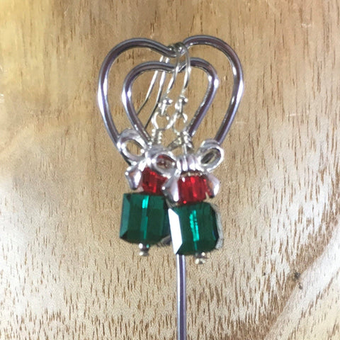 Pierced Earrings on Sterling Ear Wires.  Green Swarovski Cube with Red Swarovski Smaller Cube and a silver ribbon on top.  Sterling