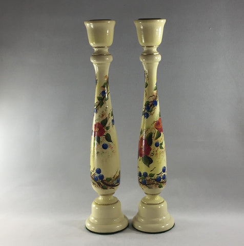 Candlestick, Antique White background with Blueberries and Pink Flowers.  Hand painted on turned wood with 6 coats of gloss.  Gold ring detailing.  Brass candle holder ring and felt padded on bottom to prevent damage to furniture.  11" tall.