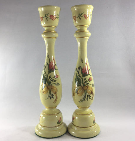 Candlestick, Pale Green background with Pink Roses.  Hand painted on turned wood with 6 coats of gloss.  Gold ring detailing.  Brass candle holder ring and felt padded on bottom to prevent damage to furniture.  9" tall.