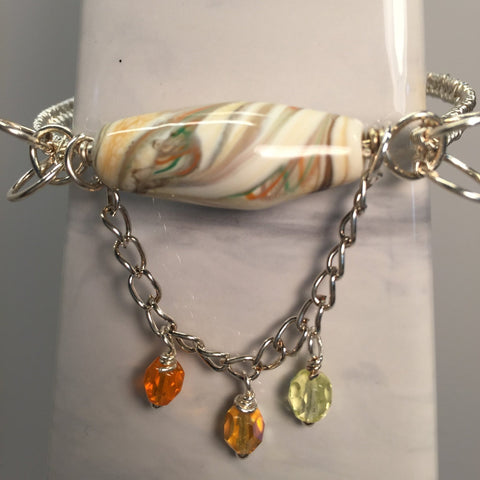 Sterling Silver Wire Wrapped Bangle.  Cream Focal Bead.
