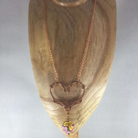 Copper Necklace with Wire Wrap Pendant and Lampwork Bead Hanging on a Copper Link Chain.  Length 20"