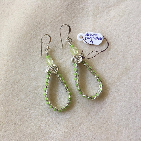 Pierced Sterling Silver Wire Wrapped Hoop Earrings with Green Beads. Sterling ear wires.