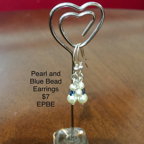 Pearl with Blue Bead Earrings. Sterling Ear Wires