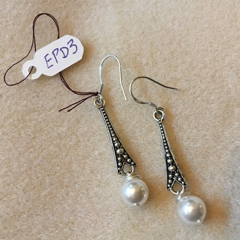 Pearl drop Earrings on Eiffel Tower Silver Finding. Sterling Silver Ear Wires
