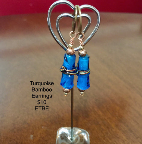 Blue Bamboo Fused Glass, Brass Ear Wires 