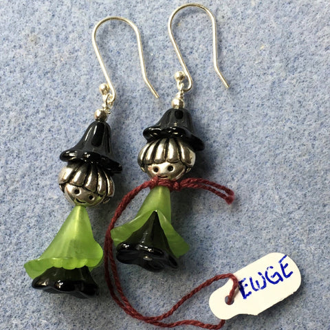 Halloween Earrings, Witch.  Green cape, Sterling ear wires