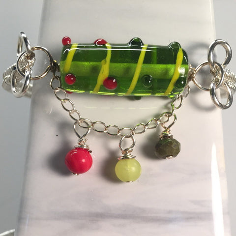 Bangle Bracelet Sterling Wire wrap with a Green candy focal bead.