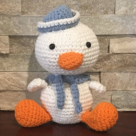 Crochet and Stuffed Wacky Duck with Blue Hat and Scarf.  Cotton Yarn.  Zoomigurumi pattern. 8-1/2" high