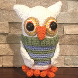 Crocheted and Stuffed White Owl with Green and Blue Vest.  Cotton Yarn.  Zoomigurumi pattern, 8-1/2" tall