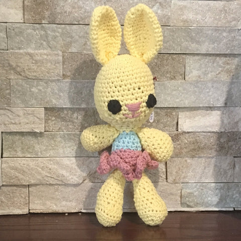 Crochet and Stuffed Yellow Bunny with a Blue and Pink Dress.  Cotton Yarn. 12" tall