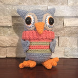 Crocheted and Stuffed Gray Owl with Salmon and Green Striped Vest.  Cotton Yarn.  Zoomigurumi pattern.  7-1/2" tall