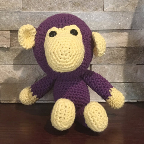 Crocheted and Stuffed Monkey, Purple With Yellow Face.  Cotton Yarn.  11" tall standing, 8" tall sitting.