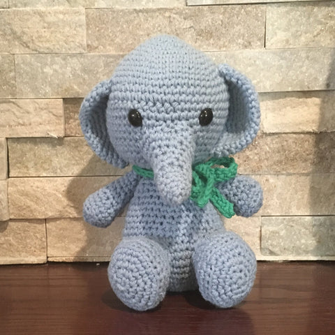 Crocheted and Stuffed Blue elephant with Green Crocheted Scarf.  Cotton Yarn.  Zoomigurumi pattern. 8-1/2" tall